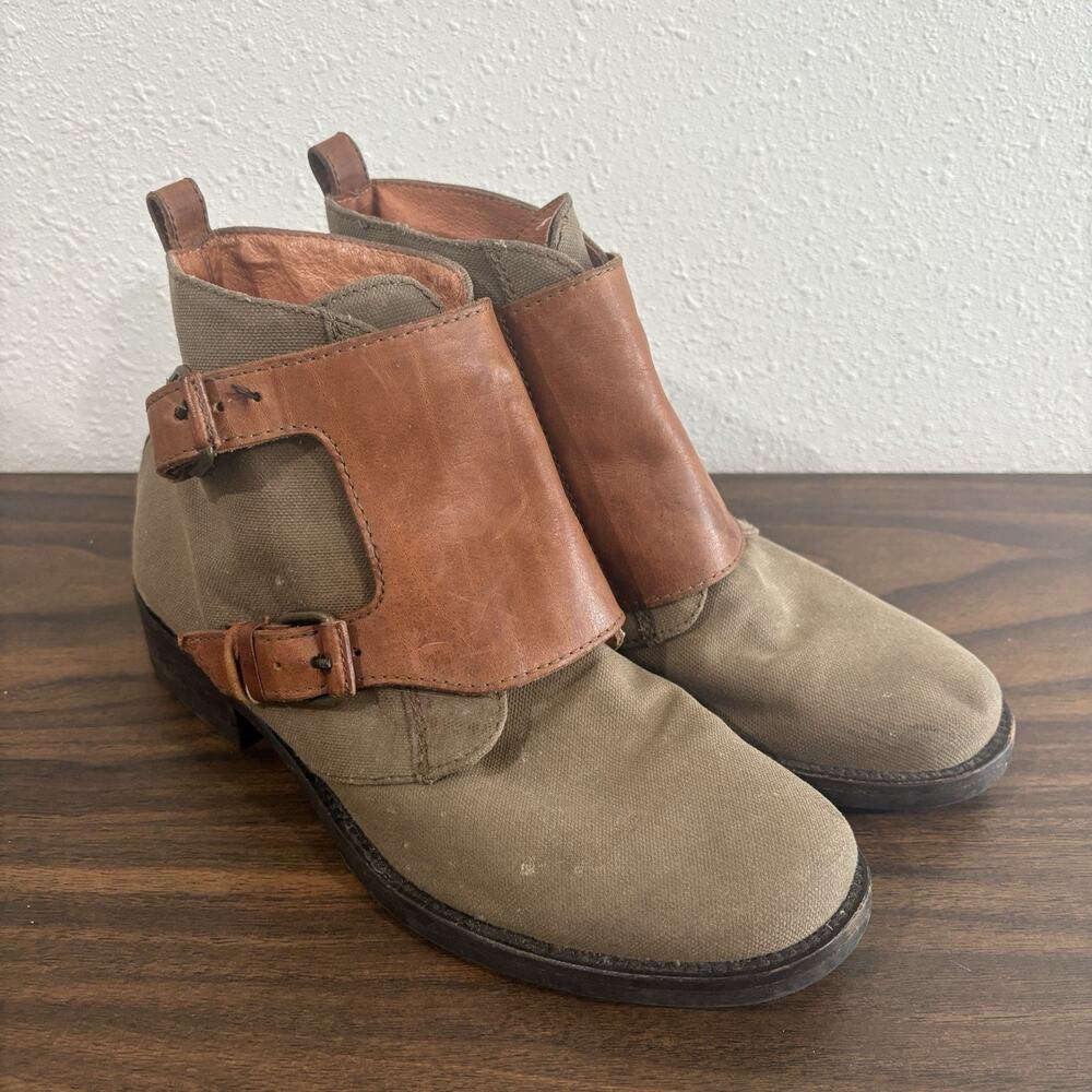 J Crew Womens Canvas Leather Double‎ Monk Strap Ankle Booties Size 7 Green Brown